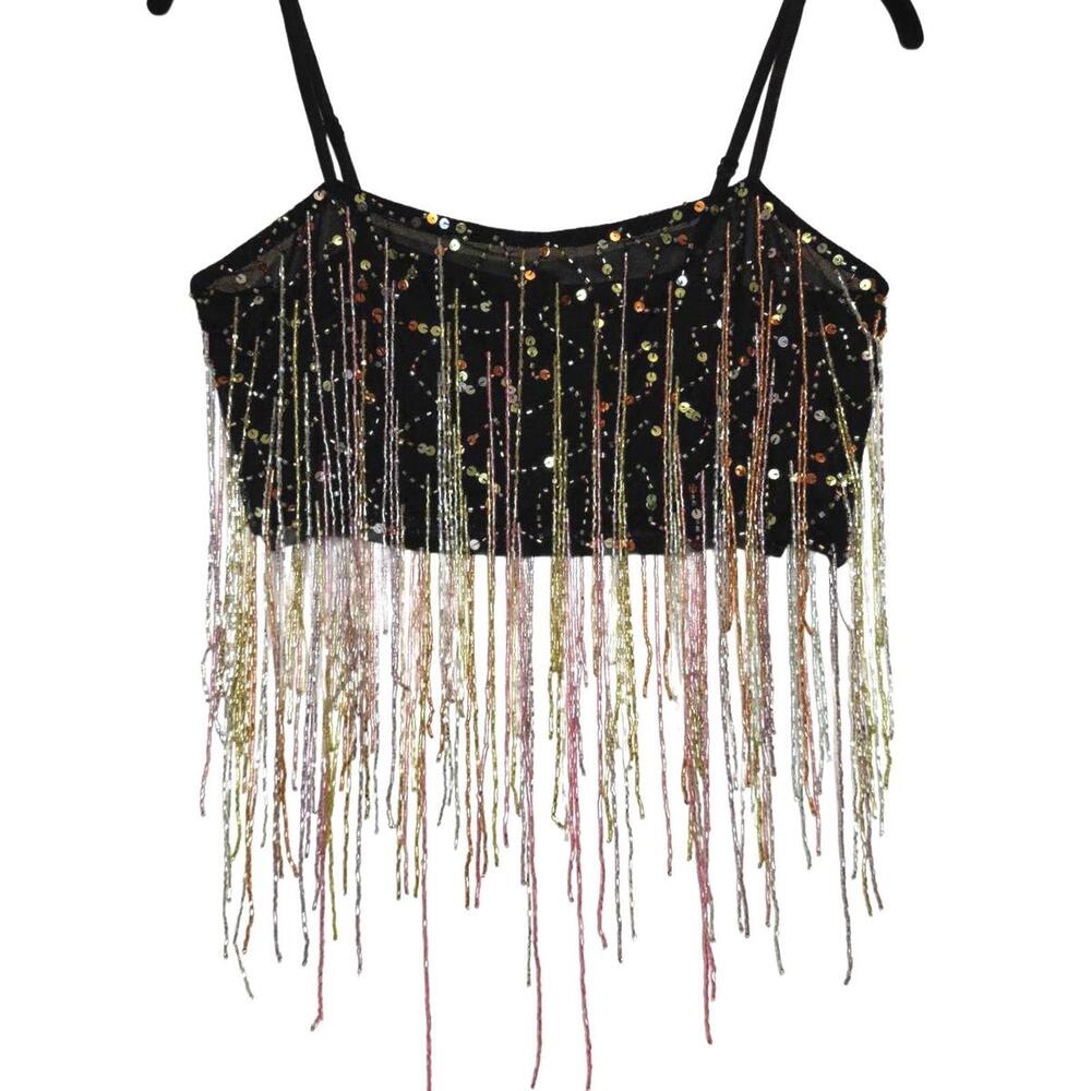 NWT! Nasty Gal Sequin Beaded Crop Top Black Multicolor Festival Party Size 2